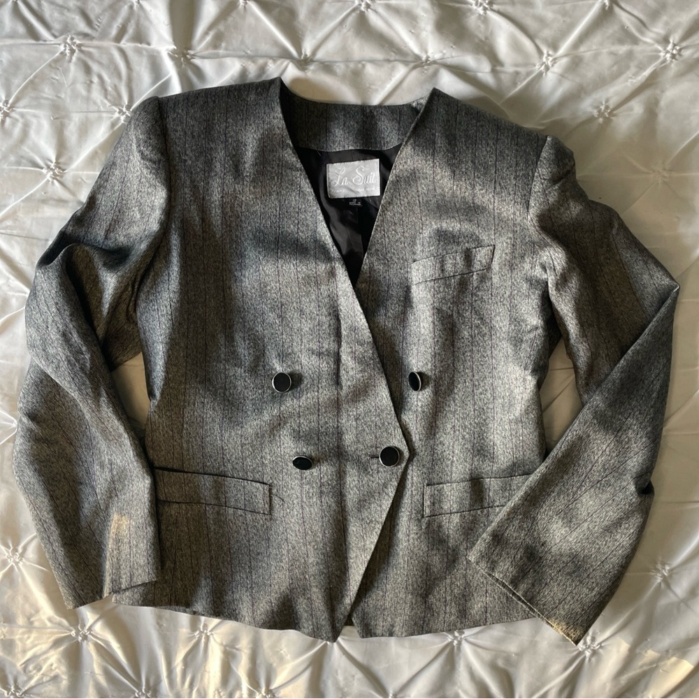 La Suit Women's Long Sleeve Jacket  Blazer Size 12 Gray With Purple Pinstripe